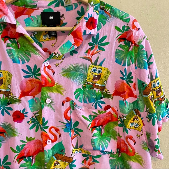 H&M- Button down shirt Sponge Bob and Hawaiian print flamingo palms flowers XXL - Picture 3 of 7